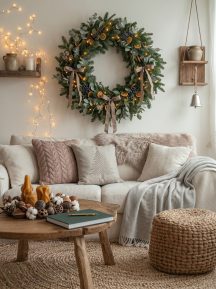 Holiday living room set with a wreath, sofa and fairy lights