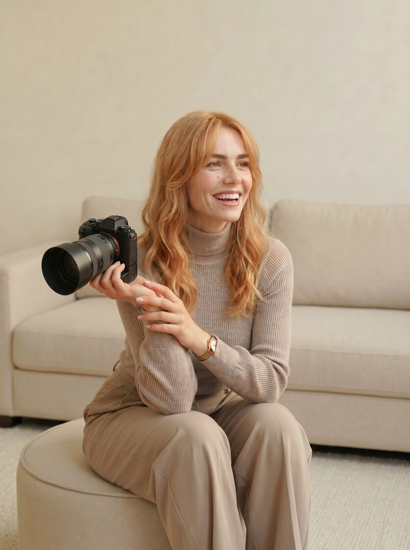 Photographer sitting on a sofa with her camera